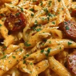 Creamy spicy Cajun sausage pasta in a bowl garnished with parsley