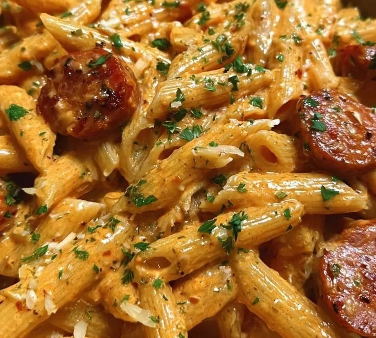 Creamy spicy Cajun sausage pasta in a bowl garnished with parsley