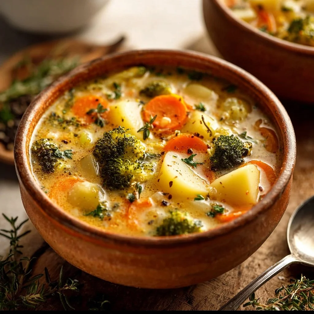 One Pot Creamy Vegetable Soup 3 Bowl of one pot creamy vegetable soup with fresh vegetables and herbs