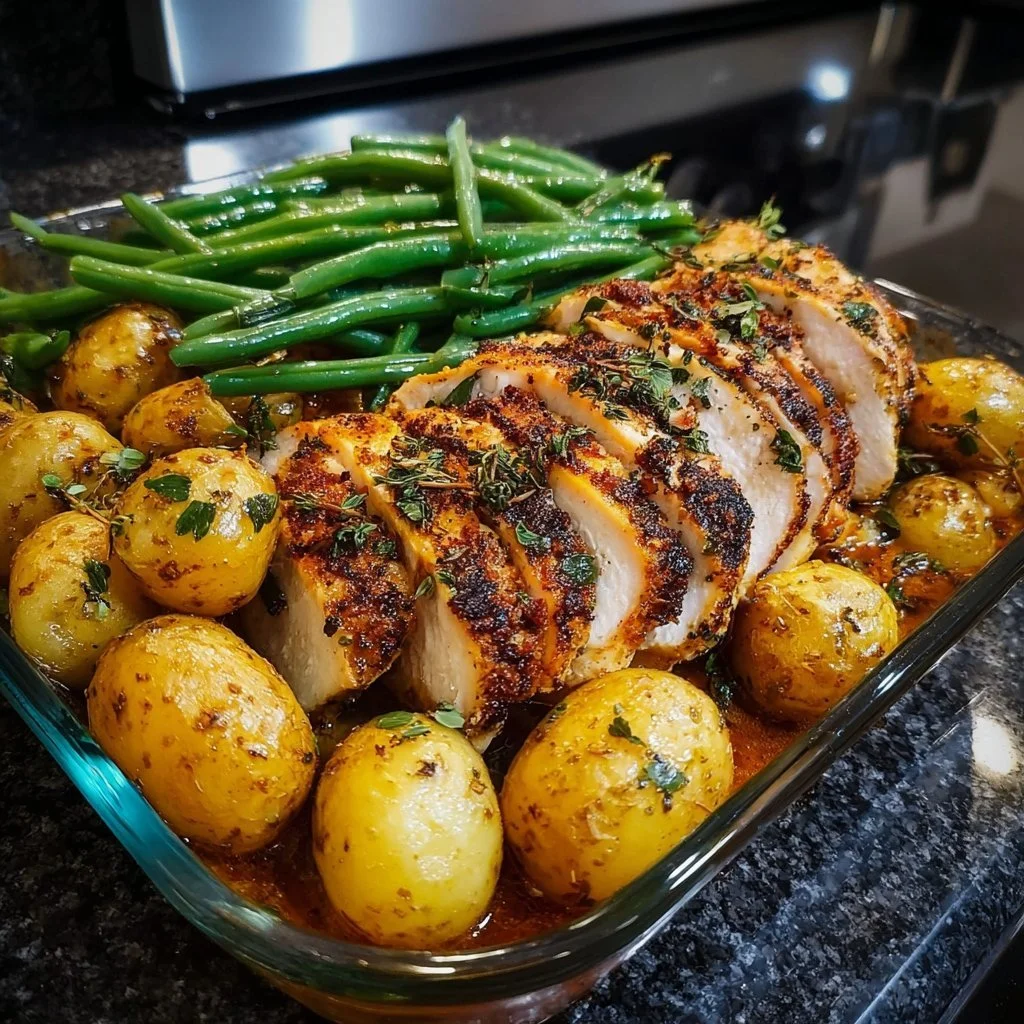 Golden brown oven-roasted chicken with colorful veggies on a platter