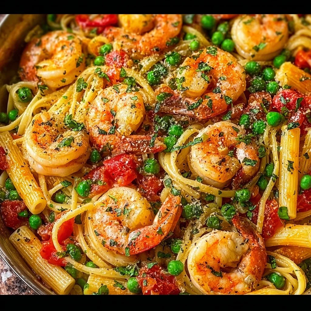 Pasta Primavera with Shrimp featuring fresh vegetables and succulent shrimp in a colorful dish
