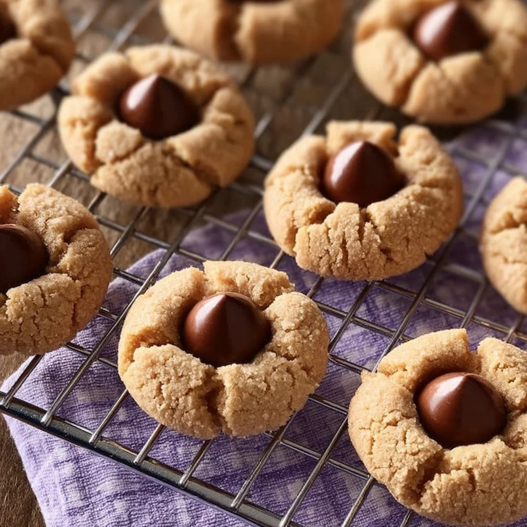 Homemade Peanut Butter Blossoms cookies topped with chocolate kisses