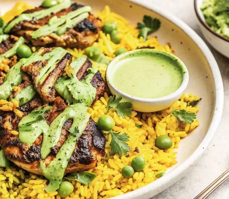 Peruvian Chicken and Rice 3 A plate of Peruvian chicken and rice adorned with fresh herbs and spices.