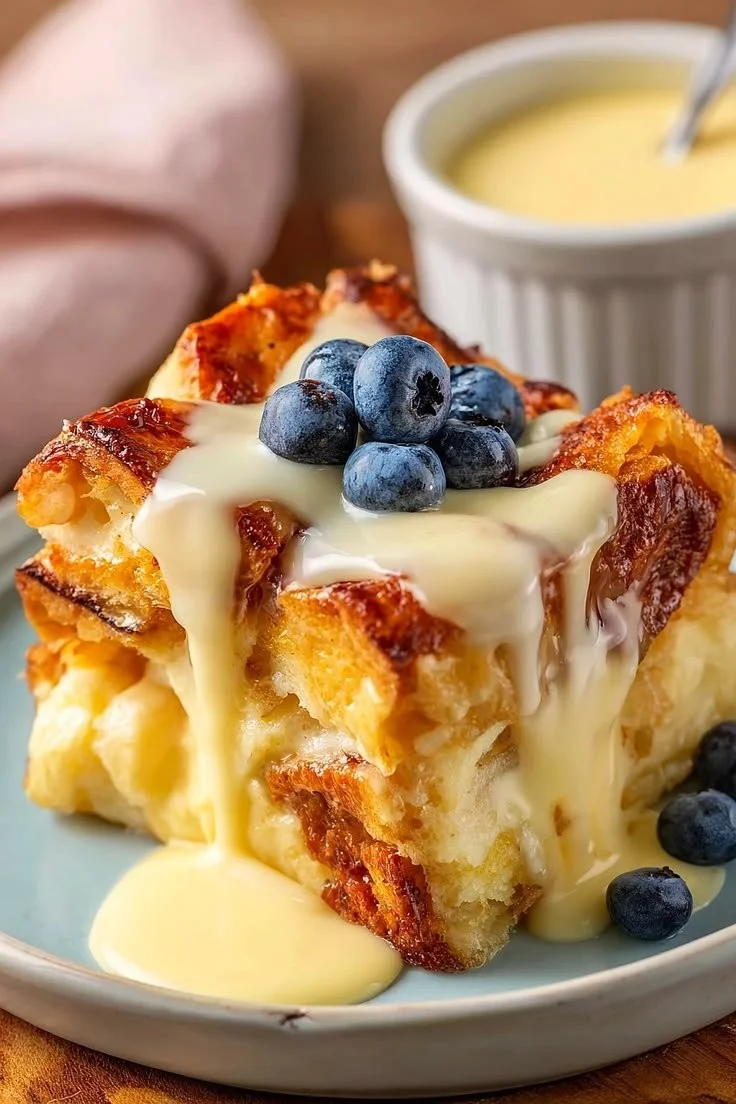 Delicious quick croissant bread pudding served in a dish