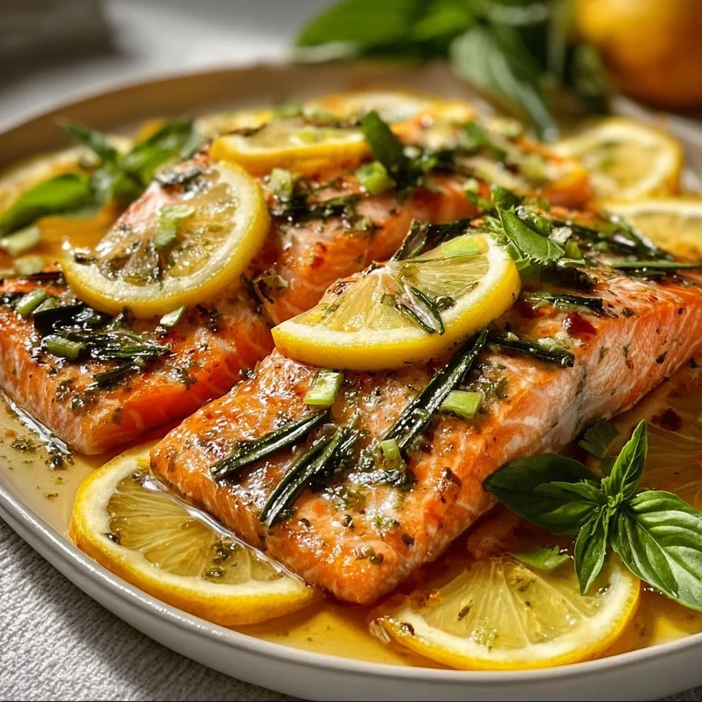 Quick lemon basil salmon dish garnished with fresh herbs and lemon slices.