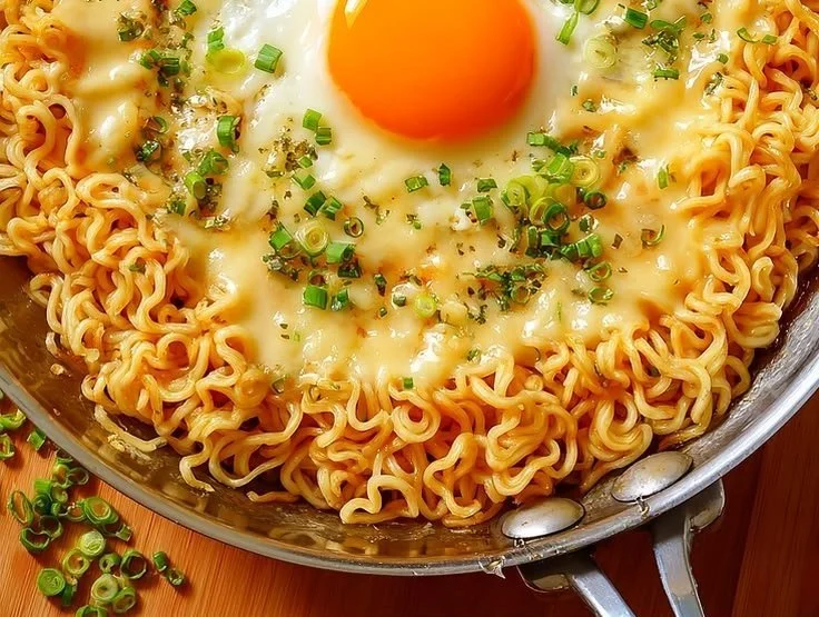 Quick ramen noodles dish with egg and cheese served in a bowl