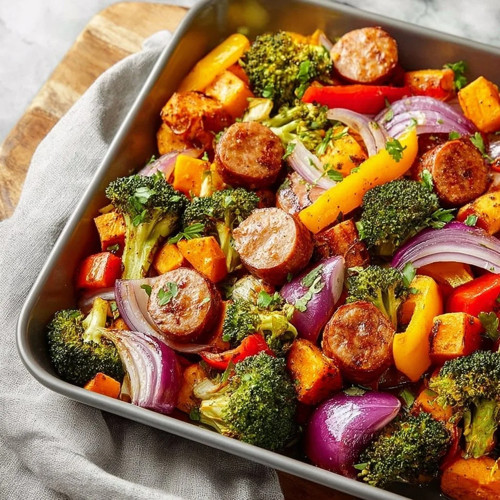 Sheet pan chicken sausage with colorful vegetables ready to serve.
