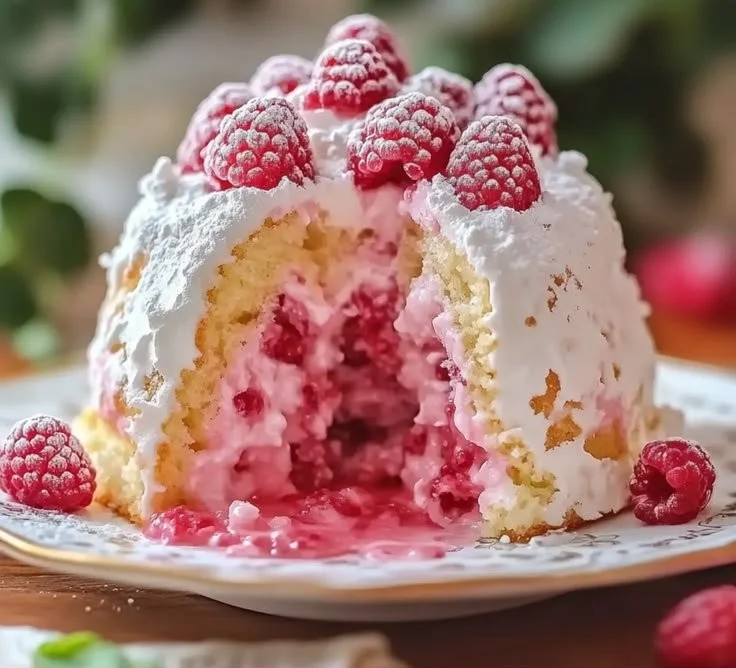 Raspberry Angel Food Cake topped with fresh raspberries and whipped cream