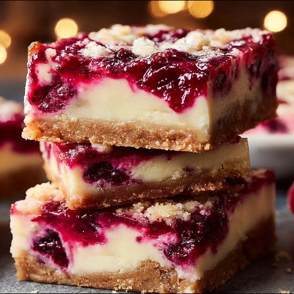 Delicious Raspberry Cheesecake Bars topped with fresh raspberries