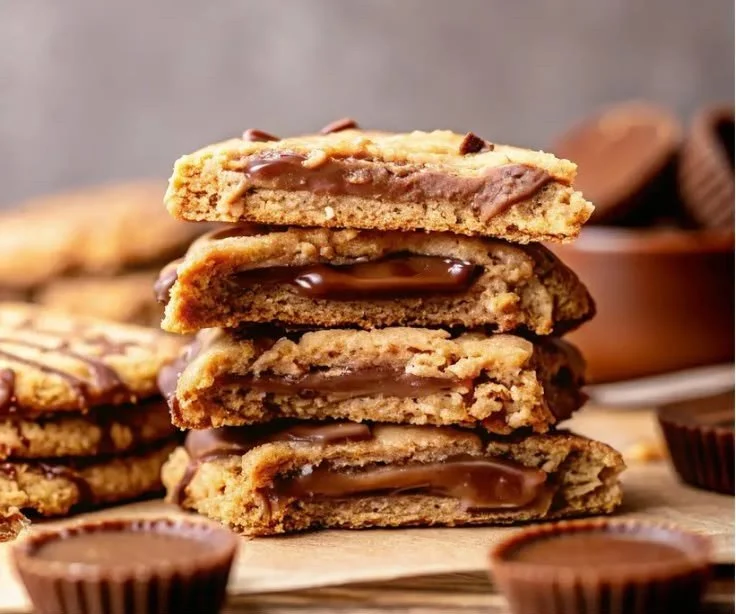 Delicious Reese's Cup peanut butter cookies with chocolate and creamy peanut butter.