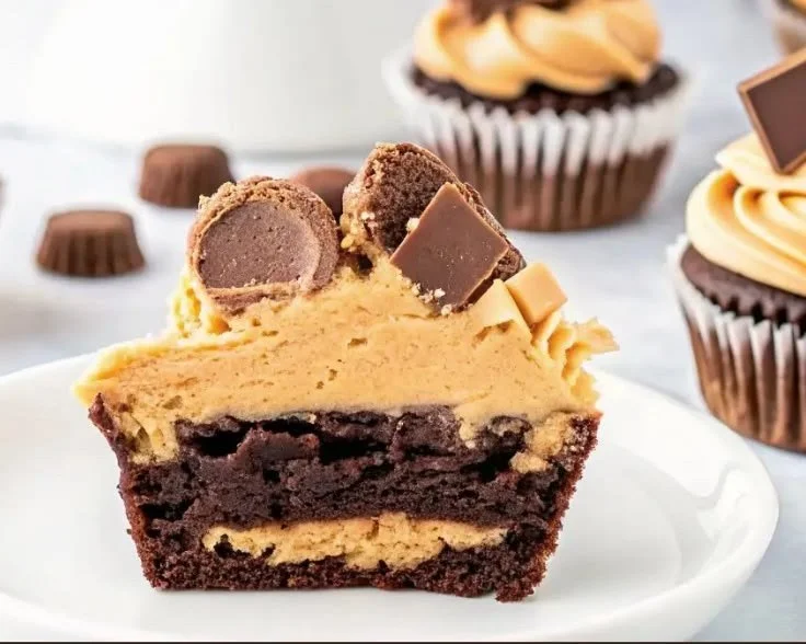 Reese’s Peanut Butter Brownie Cupcakes 3 Delicious Reese's Peanut Butter Brownie Cupcakes topped with creamy peanut butter frosting