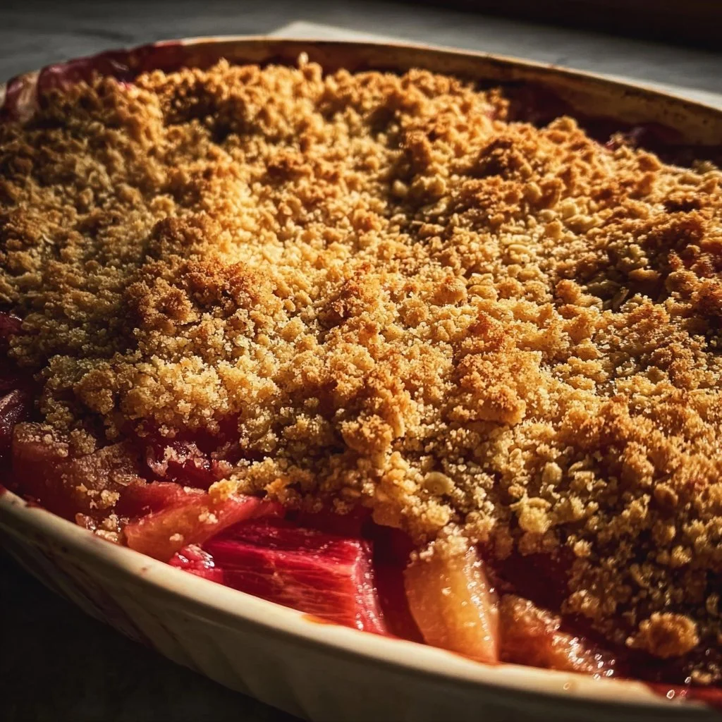 Delicious homemade rhubarb crisp with crumbly topping in a dessert bowl