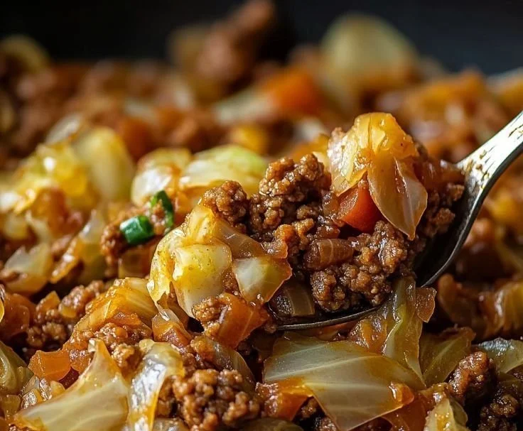 Savory Beef and Cabbage Skillet dish served in a skillet