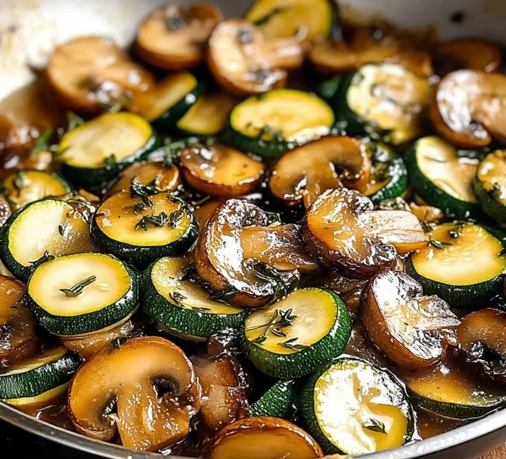 Savory skillet zucchini and mushrooms dish, freshly cooked and served in a pan.