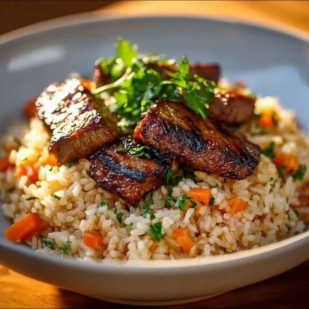 Dish of savory Texas rice garnished with herbs and spices
