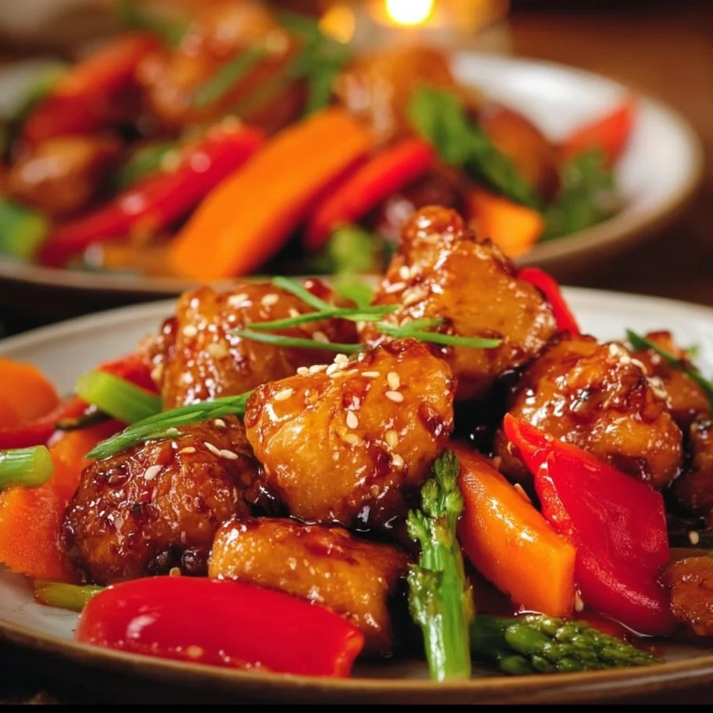 Sheet Pan Honey Garlic Chicken with colorful vegetables on a baking sheet.