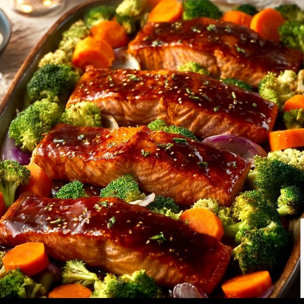 Delicious sheet pan teriyaki salmon with colorful veggies ready to serve.