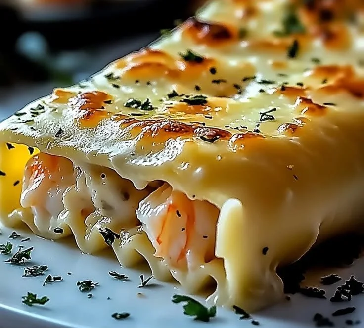 Delicious Shrimp and Crab Alfredo Lasagna Roll-Ups served on a plate.
