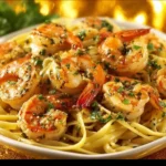 Delicious shrimp scampi served with pasta and garnished with parsley.