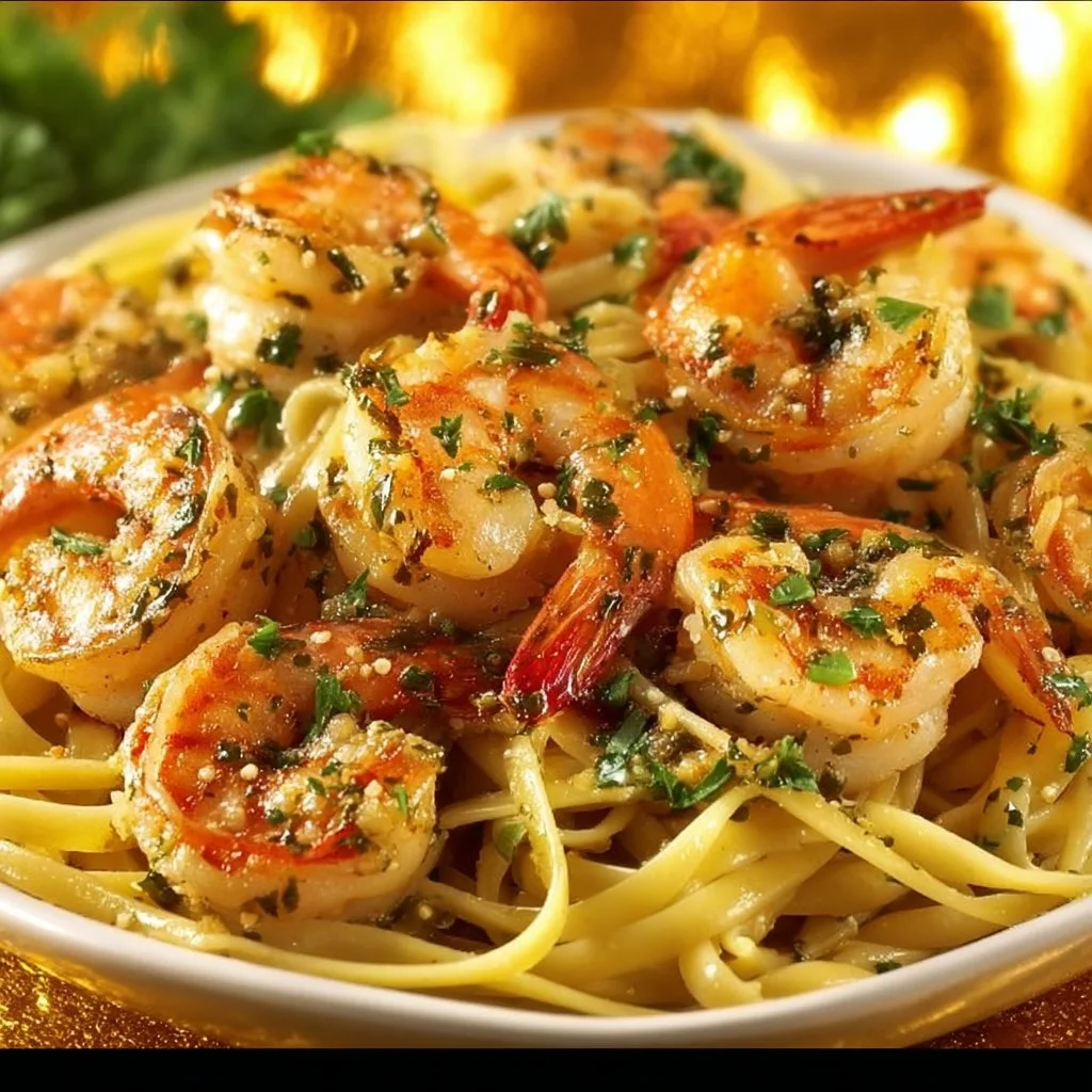 Delicious shrimp scampi served with pasta and garnished with parsley.