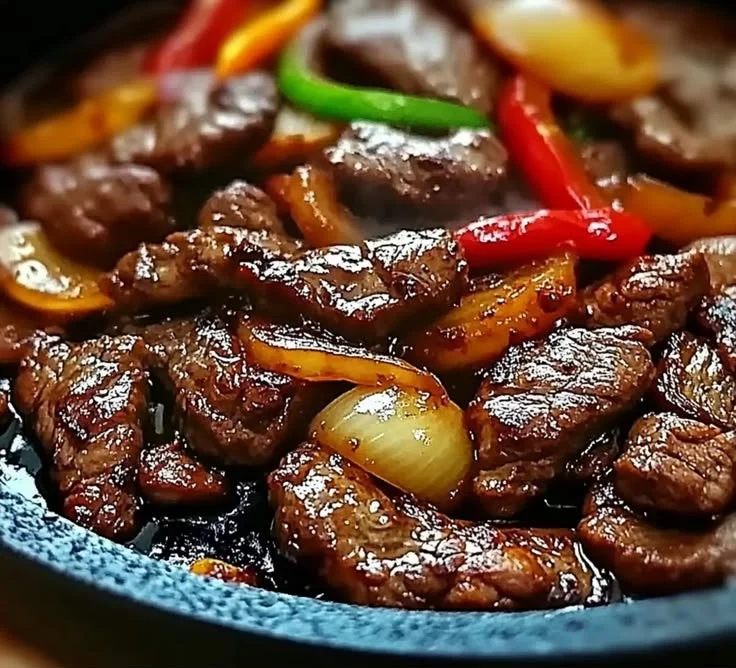 Delicious sizzling Chinese pepper steak with onions on a plate