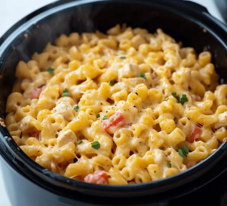 Delicious slow cooker chicken pot pie pasta served in a bowl