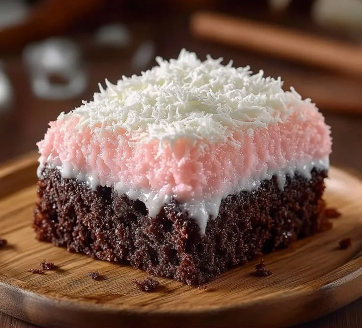 Delicious Sno Ball Brownies topped with chocolate and cream, ideal for dessert lovers.