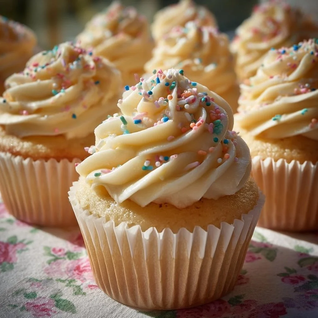 Soft vanilla cupcakes with buttercream frosting on a decorative plate
