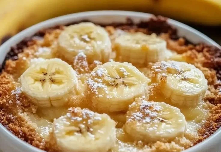 Delicious Southern banana cobbler topped with a golden crust and fresh bananas