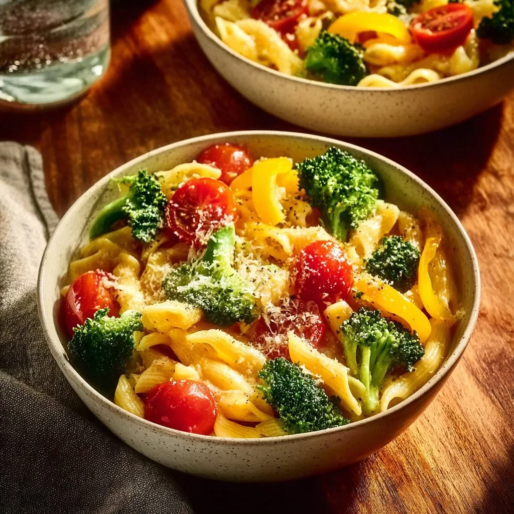 Colorful Spring Pasta with fresh vegetables and herbs in a bowl.