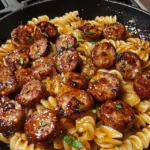 Sticky honey garlic sausage pasta skillet with fresh ingredients and herbs