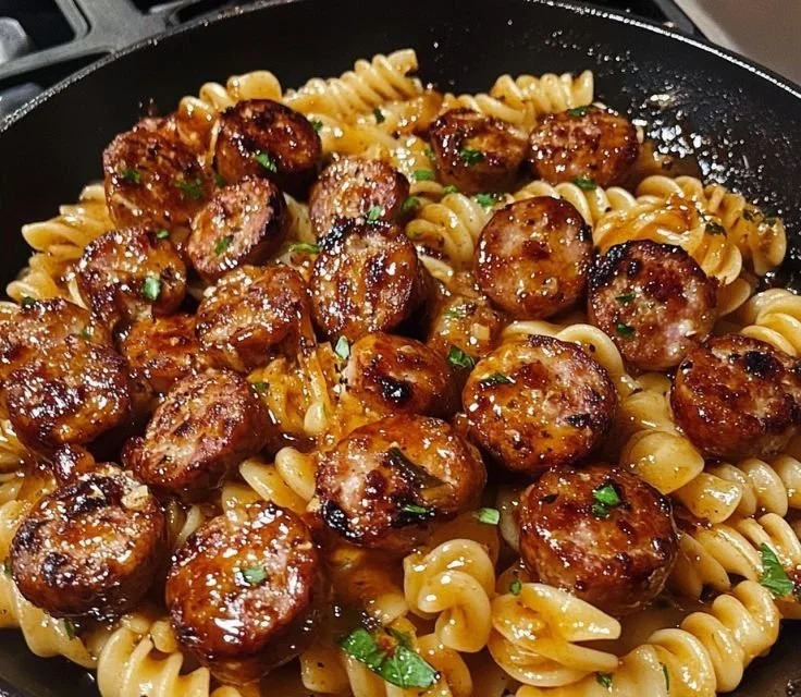 Sticky honey garlic sausage pasta skillet with fresh ingredients and herbs