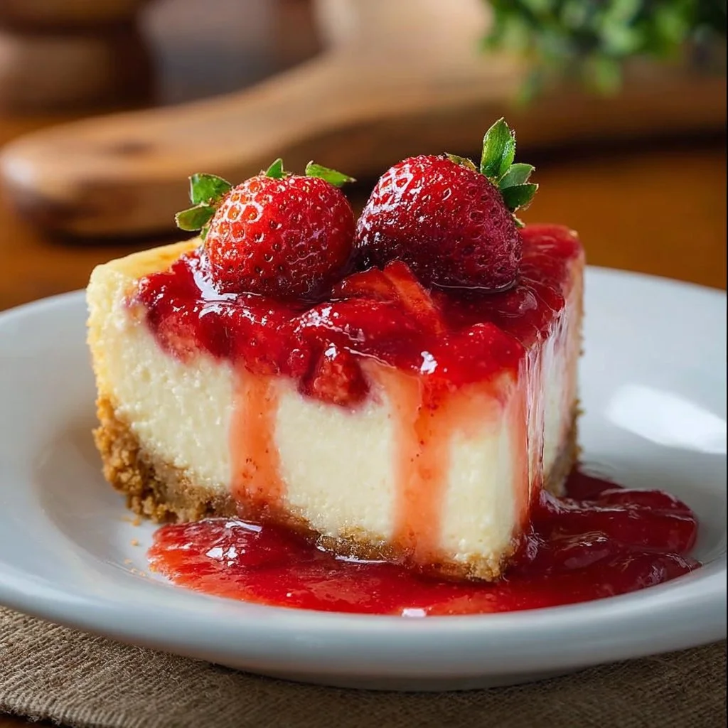 Strawberry Cheesecake 3 Delicious homemade Strawberry Cheesecake topped with fresh strawberries.