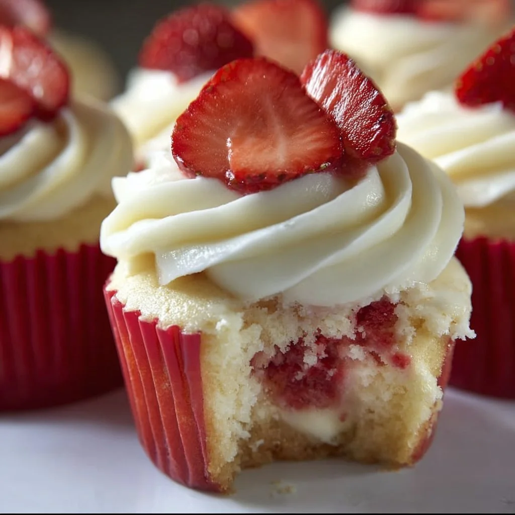 Delicious strawberry cheesecake cupcakes topped with fresh strawberries.