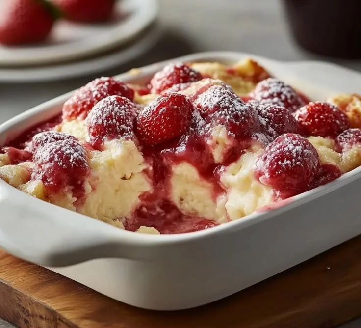 Delicious strawberry cheesecake dump cake with fresh strawberries and cream cheese