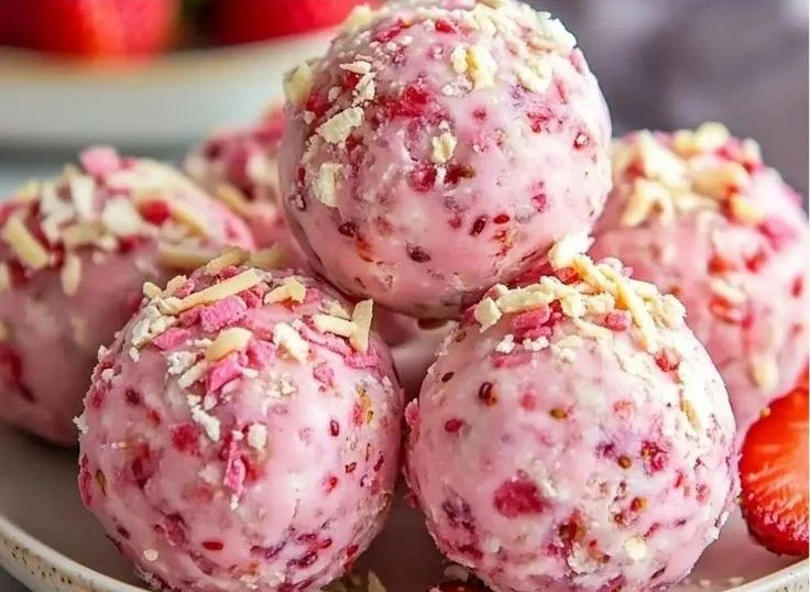 Strawberry Cheesecake Protein Balls on a white plate
