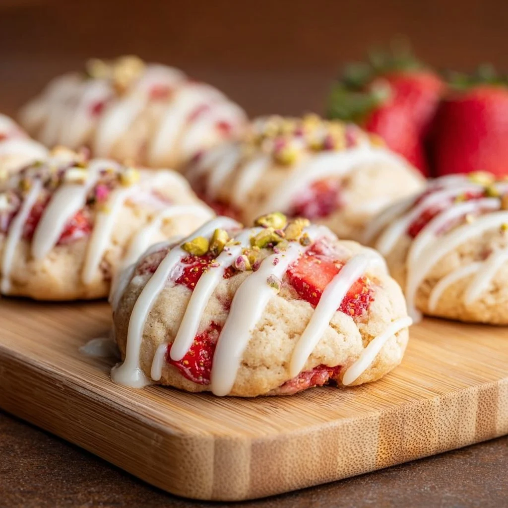 Delicious Strawberry Shortcake Cookies topped with fresh strawberries and whipped cream