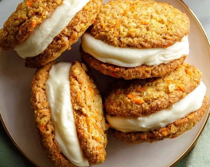 Delicious sweet carrot cake sandwich cookies stacked with cream filling.