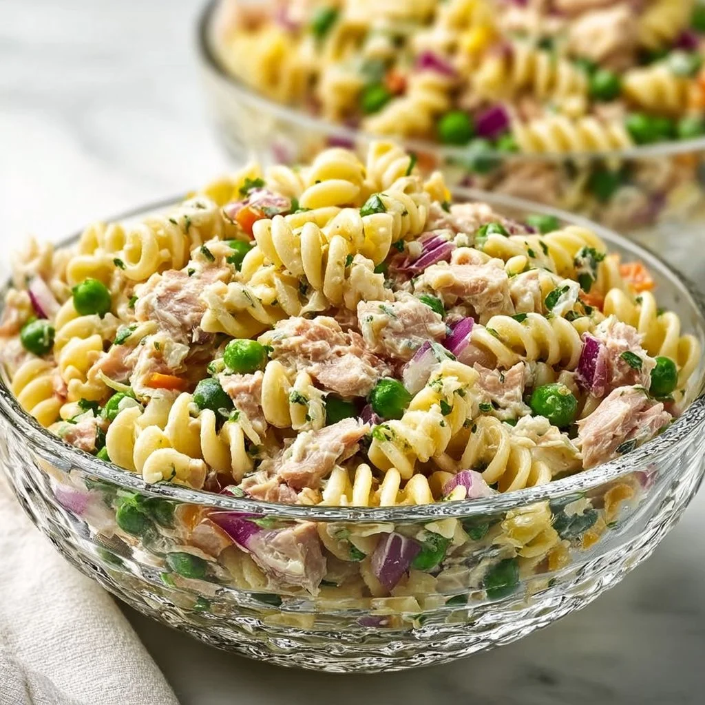 Tuna Pasta Salad 3 Delicious Tuna Pasta Salad with vegetables and dressing in a bowl.
