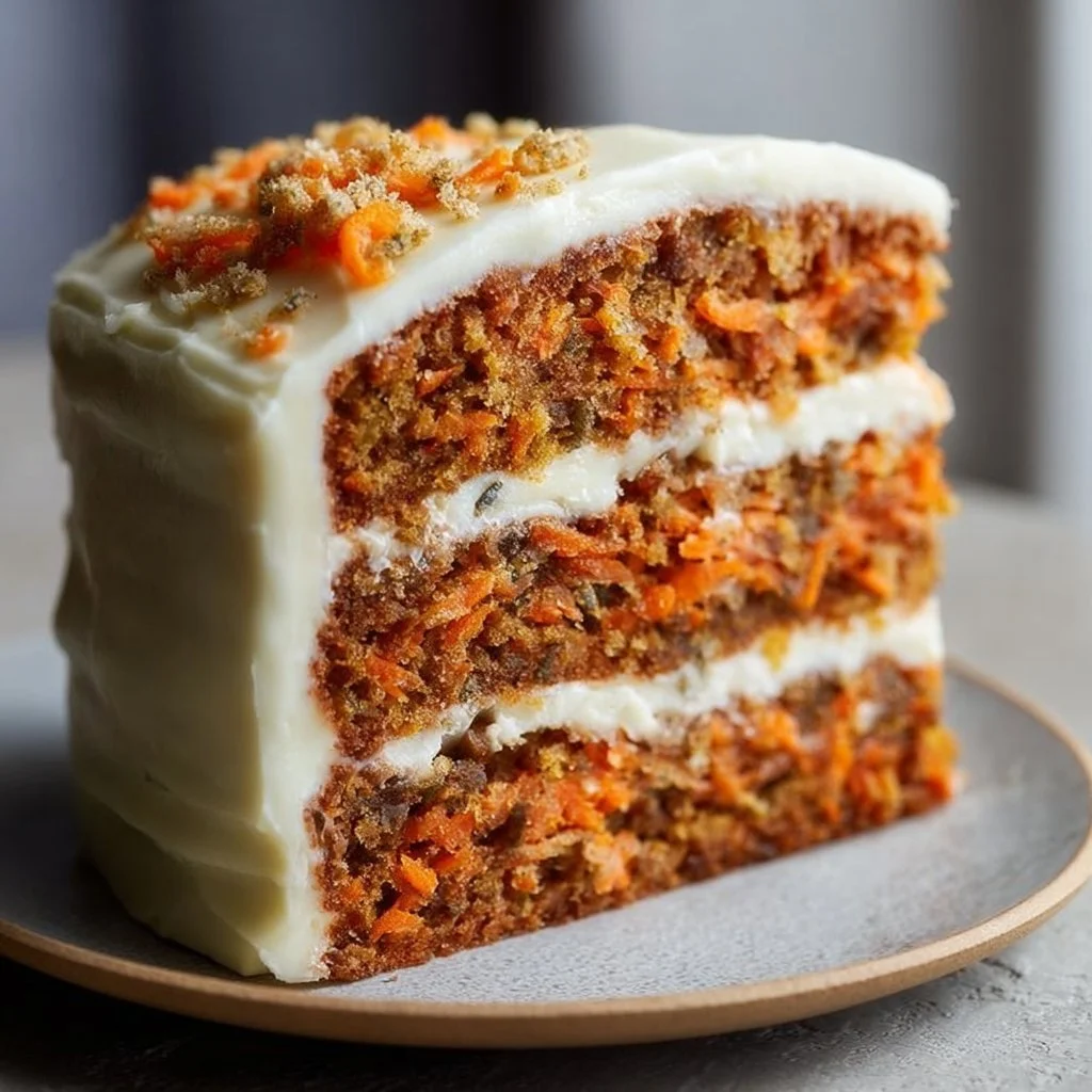 Deliciously moist ultimate carrot cake topped with cream cheese frosting.