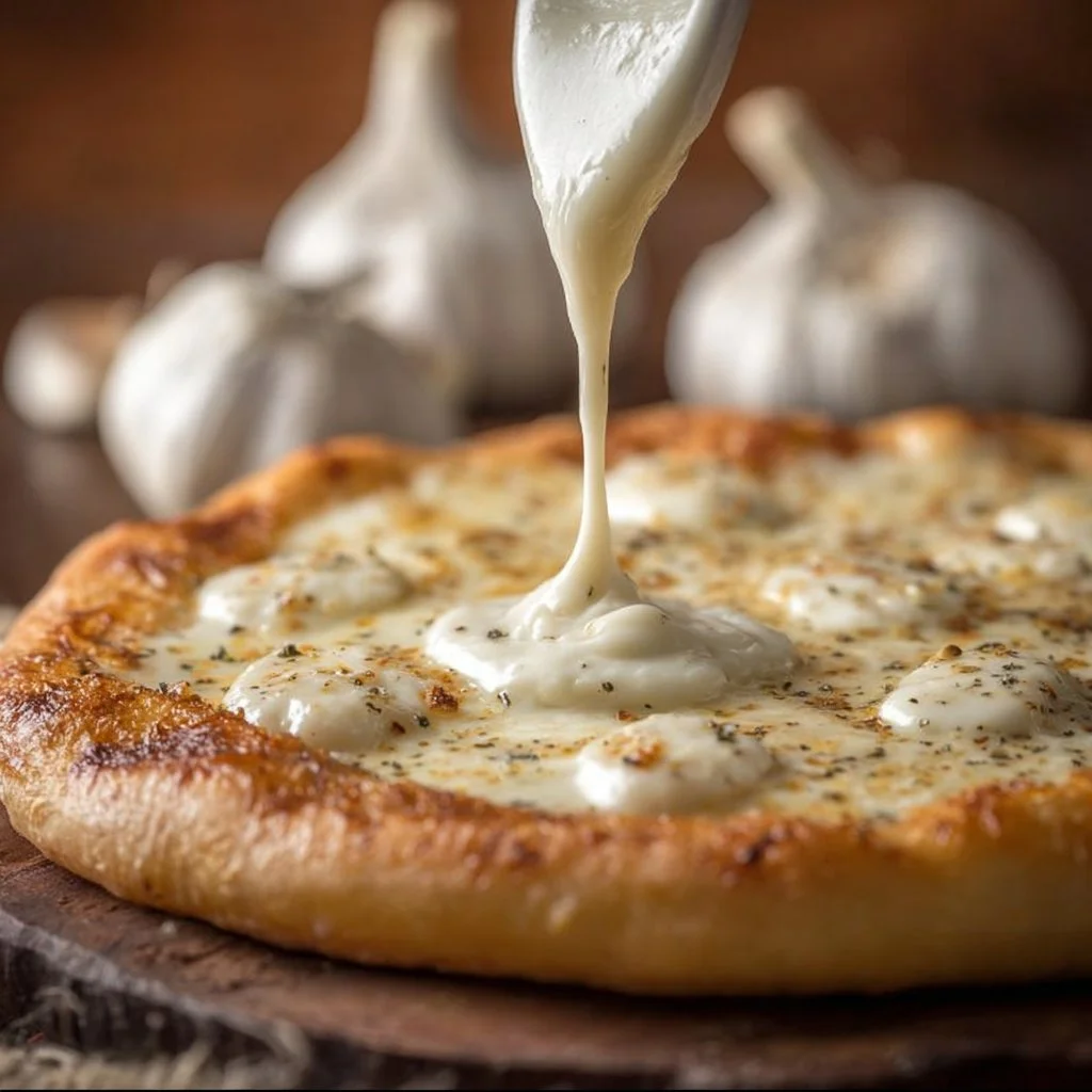 Delicious white garlic pizza sauce served on a fresh pizza dough
