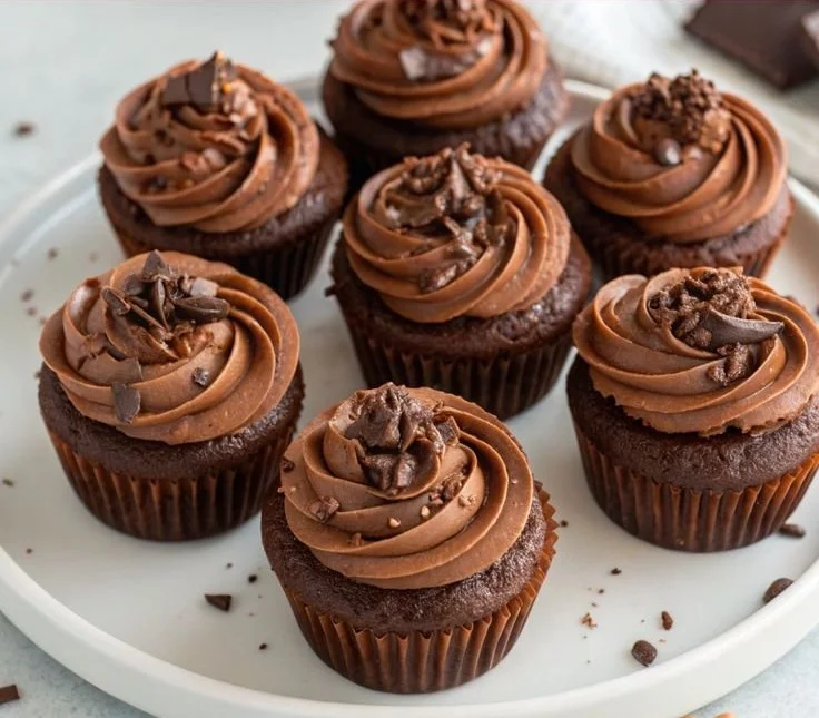 Delicious chocolate cupcakes topped with rich frosting