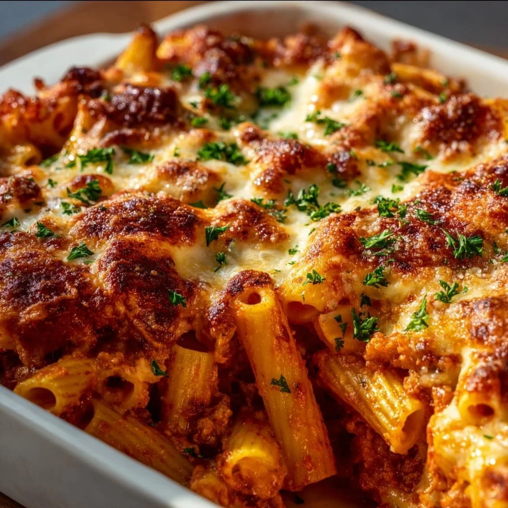Baked Ziti 3 Delicious baked ziti with cheese and marinara sauce in a baking dish