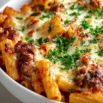 Cheesy baked ziti dish topped with melted cheese and herbs
