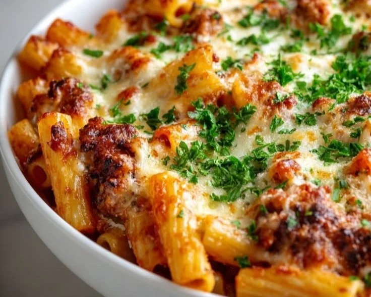 Cheesy baked ziti dish topped with melted cheese and herbs