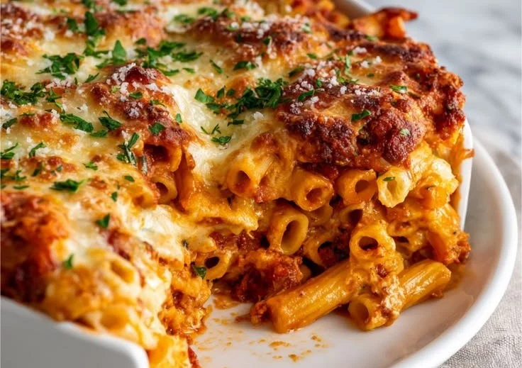 Delicious baked ziti pasta dish topped with melted cheese and herbs