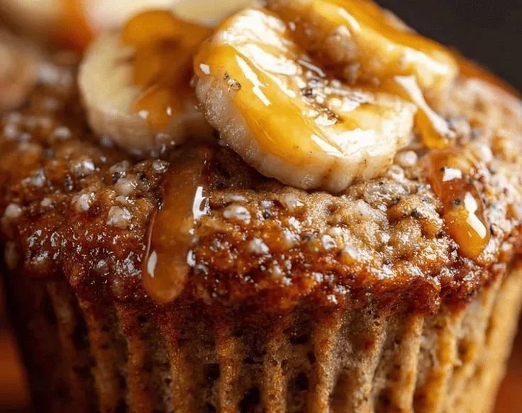 Delicious homemade banana bread muffins on a wooden table.