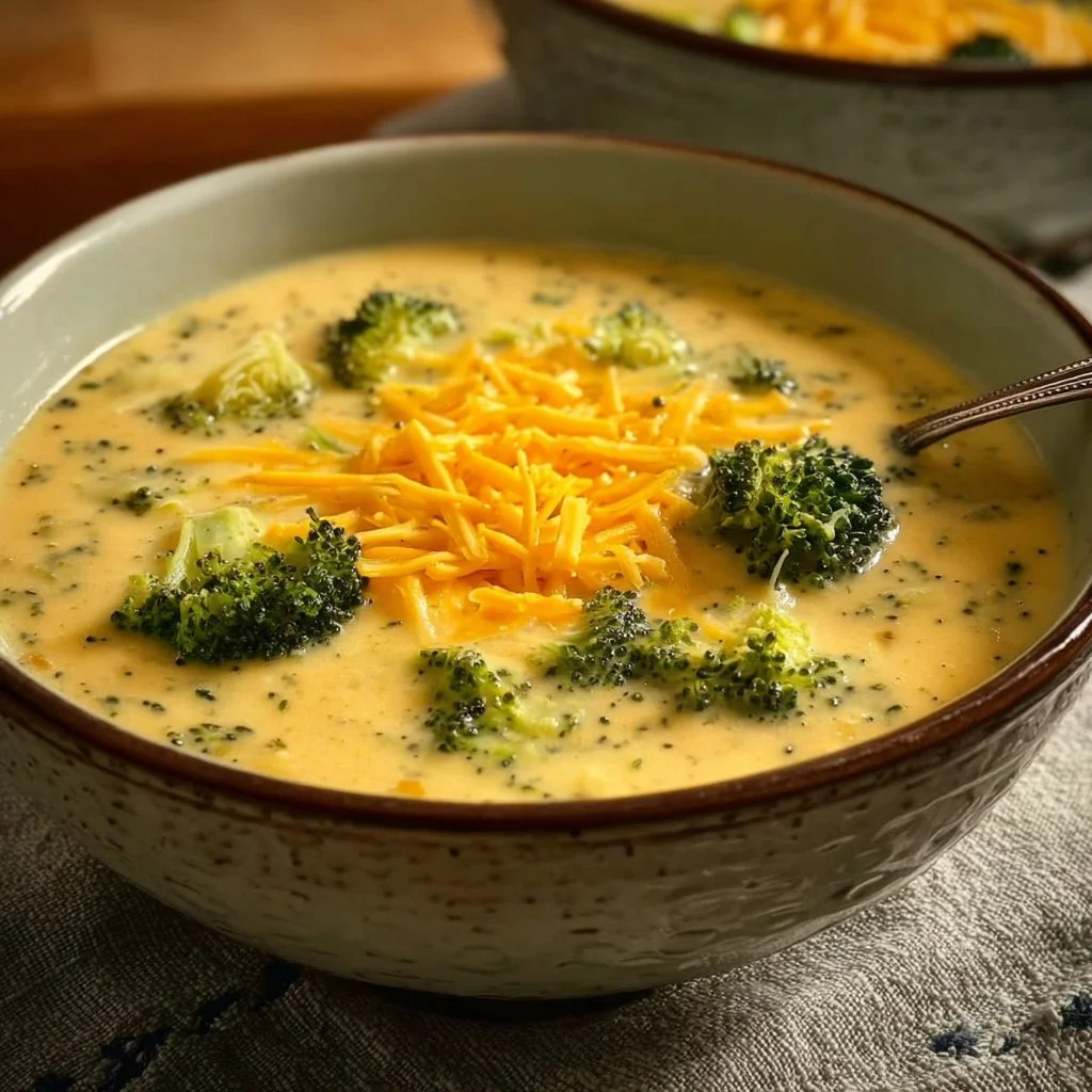 Best Broccoli Cheddar Soup 3 A bowl of creamy broccoli cheddar soup garnished with fresh broccoli florets.