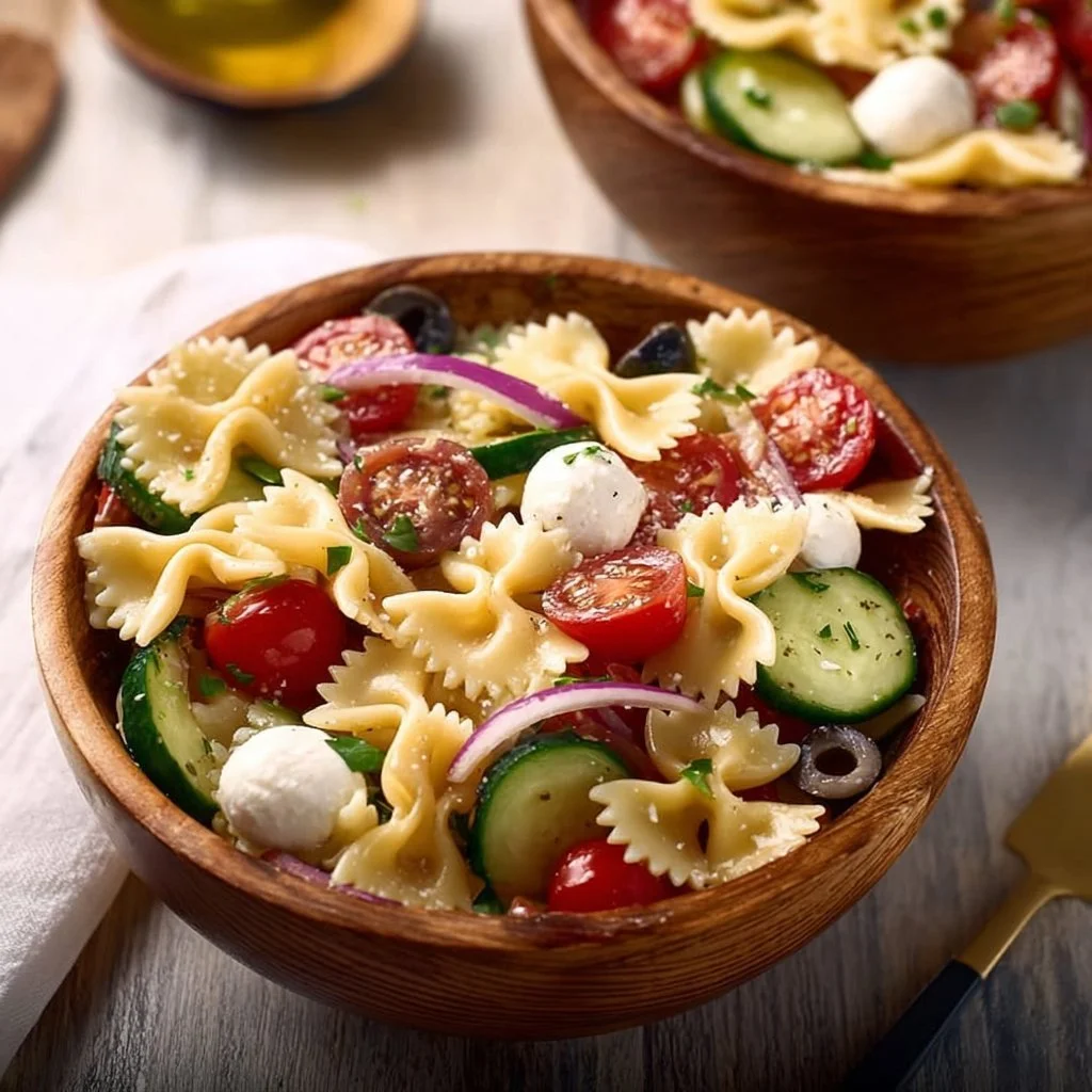 A bowl of best Italian Pasta Salad with salami and fresh vegetables