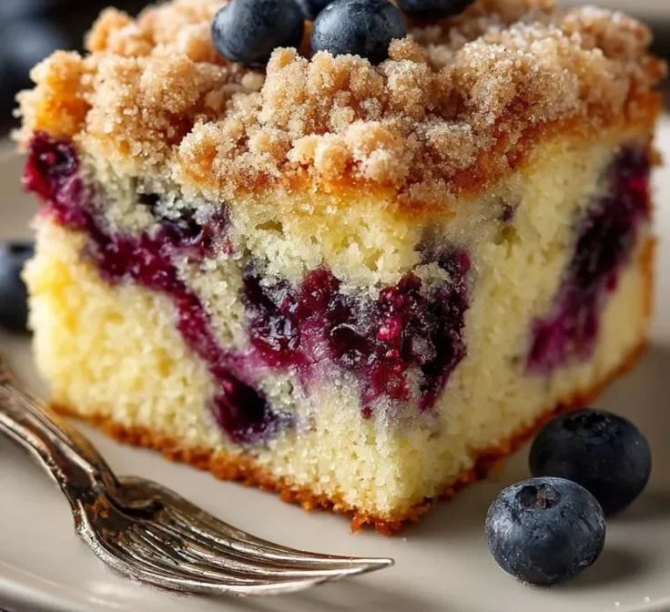 Delicious Blueberry Coffee Cake served on a plate with fresh blueberries